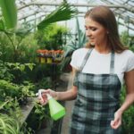 A young woman is watering in her organic home garden vegetable plants.